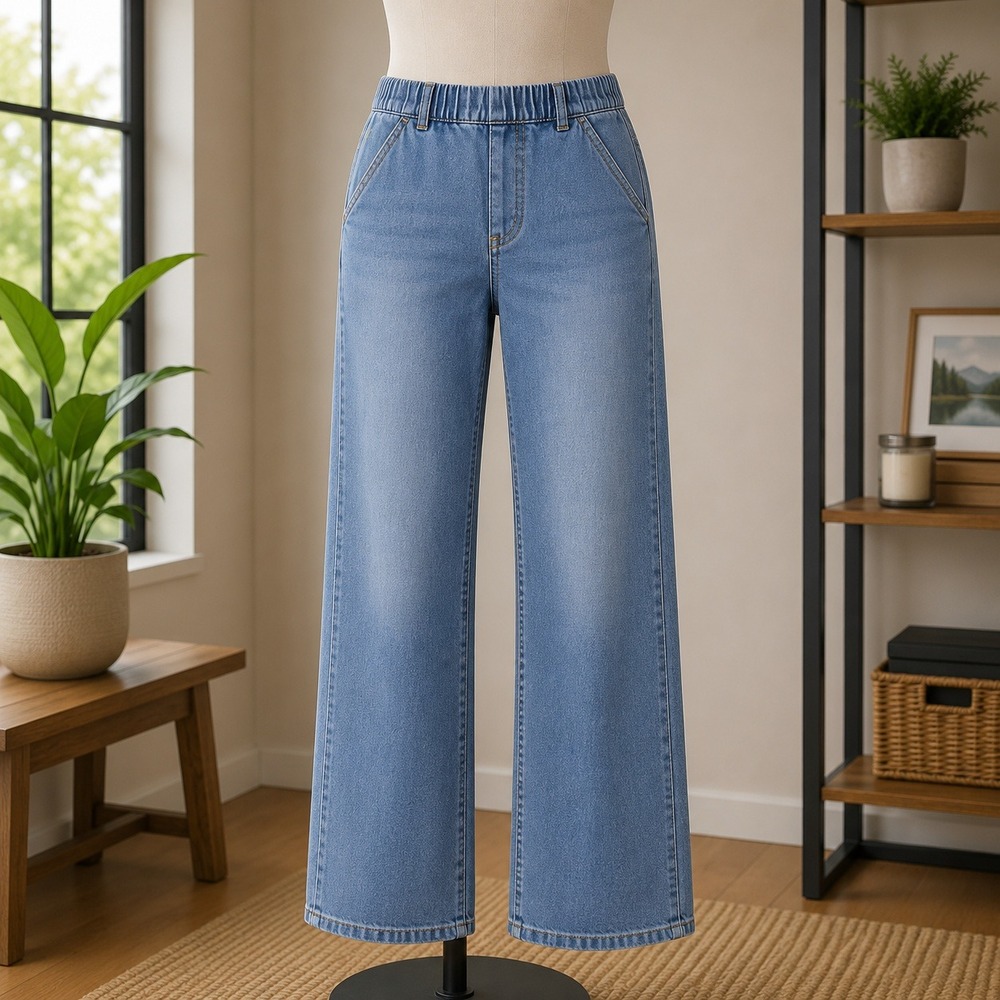 NWT Denim & Co Jeans Womens 14 Blue Pull On Straight Leg Medium Wash Stretch